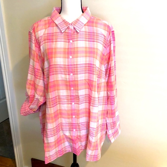 New women’s pink plaid top 2X, Lands End